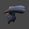 Cartoon Game Character With Beige Head Black Hollow Eyes Large Hat Blue Outfit Orange Ornaments
