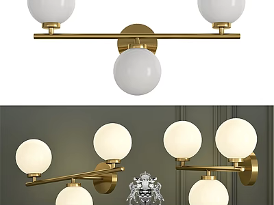 Three Light Modern Brass Wall Sconce With White Spherical Glass Shades 3d model
