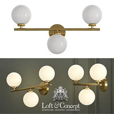 Three Light Modern Brass Wall Sconce With White Spherical Glass Shades 3d model