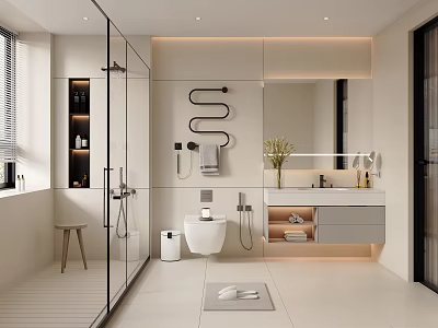 Modern Bathroom Interior With Glass Enclosed Shower White Countertop And Black Towel Rack 3d model