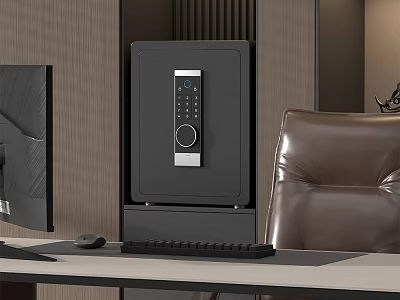 Modern Office Interior With Computer Monitor Black Safe Keypad Lock And Brown Leather Chair 3d model