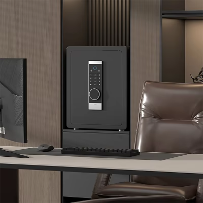 Modern Office Interior With Computer Monitor Black Safe Keypad Lock And Brown Leather Chair 3d model