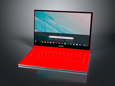 Sleek Red Laptop With Vibrant Color Illuminated Screen And Desktop Interface 3d model