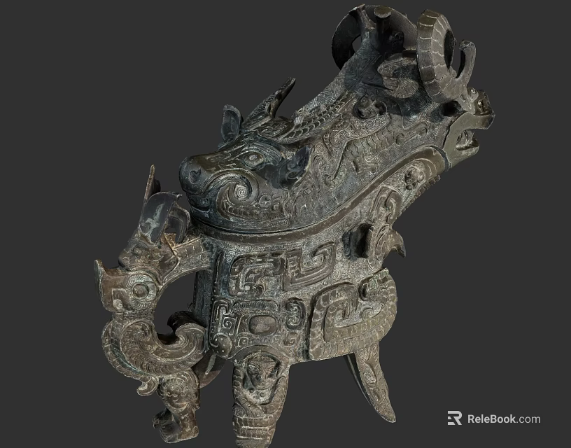 Ancient Mythical Beast Shaped Bronze Artifact With Intricate Animal Carvings 3d model 