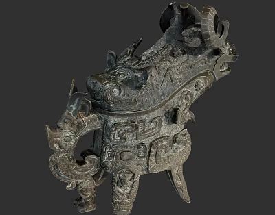Ancient Mythical Beast Shaped Bronze Artifact With Intricate Animal Carvings 3d model