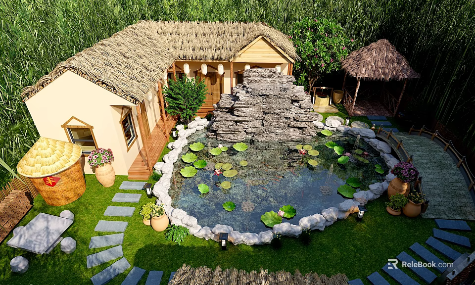 Traditional Ancient Architecture Courtyard with Pond Water Lilies Rockery and Stone Steps 3d model 