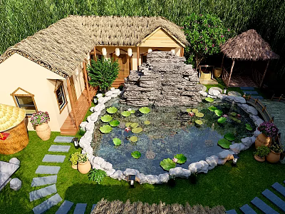 Traditional Ancient Architecture Courtyard with Pond Water Lilies Rockery and Stone Steps 3d model