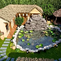 Traditional Ancient Architecture Courtyard with Pond Water Lilies Rockery and Stone Steps