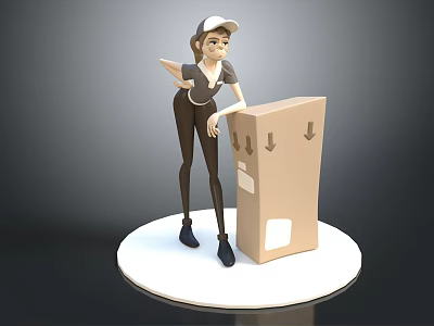 Female Character in Cap Standing Next to Cardboard Box With Arrows and Labels 3d model
