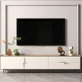 Wooden And White TV Stand With Black Wall Mounted TV And Decorative Plants