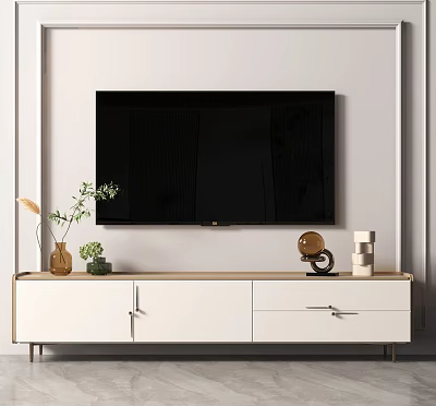 Wooden And White TV Stand With Black Wall Mounted TV And Decorative Plants 3d model