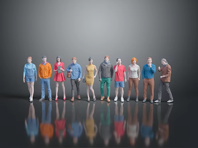 Diverse Character Figures Standing on Reflective Surface Against Gray Background With Various Outfits 3d model