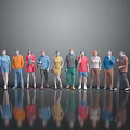 Diverse Character Figures Standing on Reflective Surface Against Gray Background With Various Outfits 3d model
