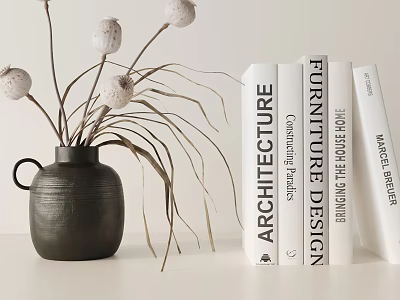 Ornamental Decor Combination With Black Ceramic Vase Dried Flowers And Books 3d model