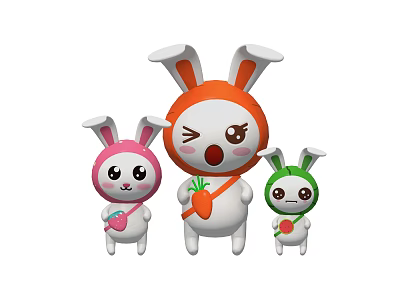Cute Rabbit Dolls in Pink Orange Green with Winking Faces Holding Carrot Heart and Strawberry 3d model