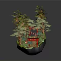 Cartoon Scenery of Floating Island With Torii Gate Red Stairs Green Trees and Lanterns