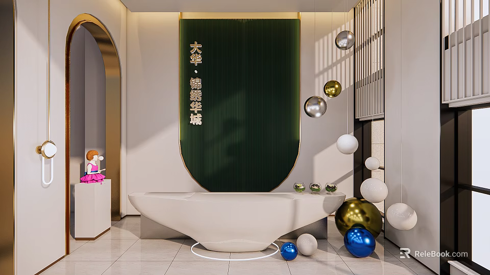 Modern Luxury Front Desk Reception With Green Backdrop Wall Gold Decorations And Sphere Ornaments 3d model 