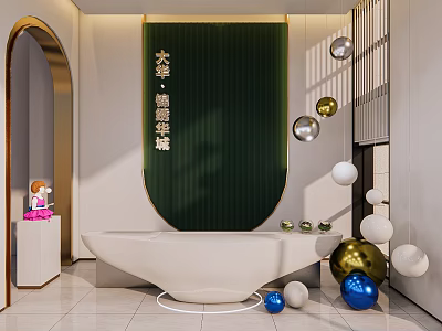 Modern Luxury Front Desk Reception With Green Backdrop Wall Gold Decorations And Sphere Ornaments 3d model
