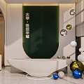 Modern Luxury Front Desk Reception With Green Backdrop Wall Gold Decorations And Sphere Ornaments