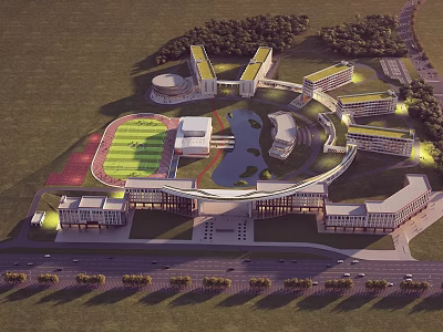 Modern School Buildings With Sports Field Water Feature And Green Campus Landscape 3d model