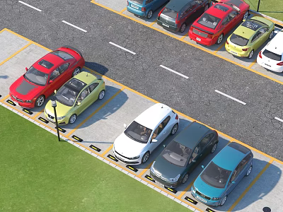 Various Colored Cars Neatly Parked In Organized Parking Lot With Grass And Street Lamp 3d model