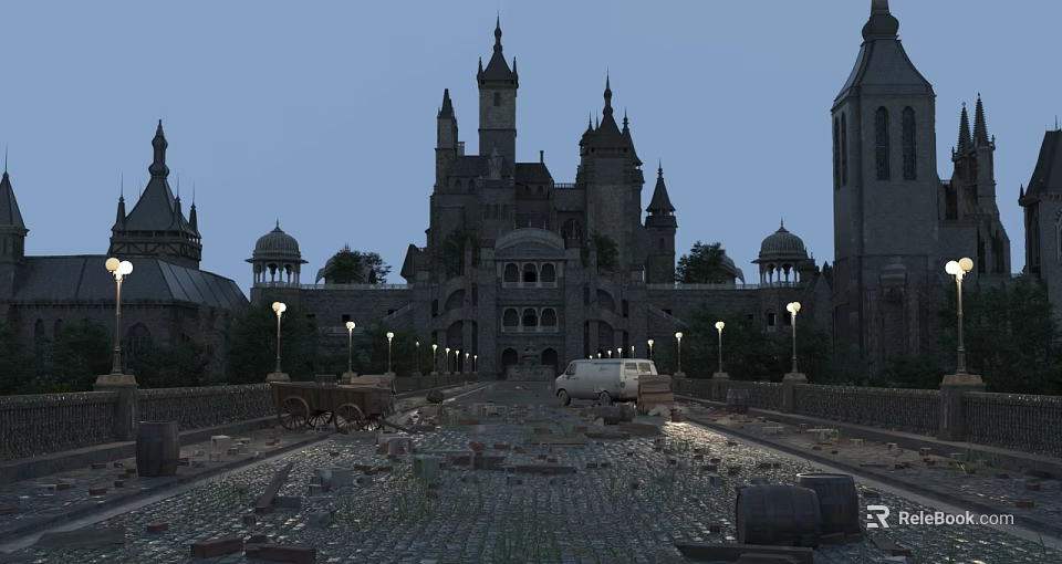 Grand Ancient Castle Architecture with Spires Domes Street Lamps and Horse Carriages in Twilight Scene 3d model 