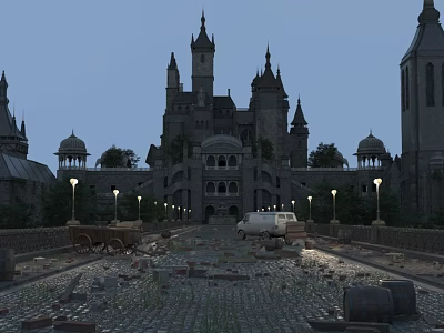 Grand Ancient Castle Architecture with Spires Domes Street Lamps and Horse Carriages in Twilight Scene 3d model