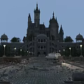 Grand Ancient Castle Architecture with Spires Domes Street Lamps and Horse Carriages in Twilight Scene 3d model