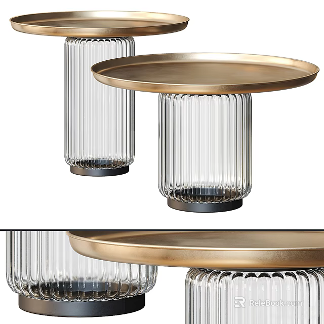 Modern Coffee Table Design With Ribbed Glass Base And Gold Metal Top 3d model 
