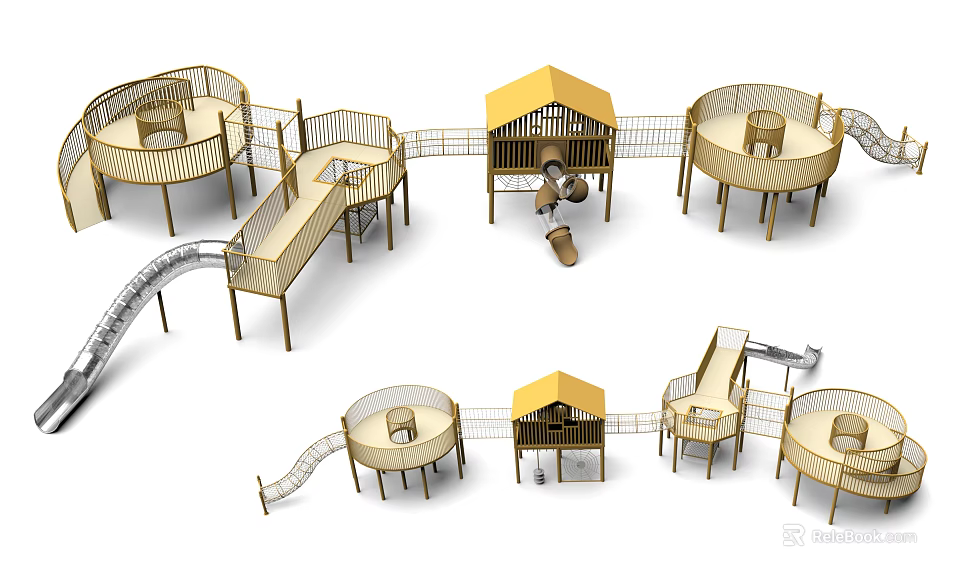 Outdoor Playground Equipment With Slides Huts Circular Platforms Connecting Walkways And Wooden Structures 3d model 