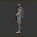 Military Soldier In Camouflage Uniform With Tactical Vest Helmet Tan Boots Against Gray Backdrop