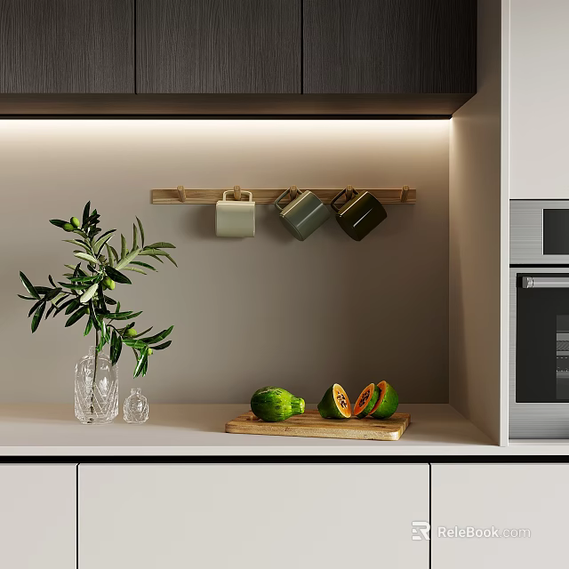 Hanging Basket Plants In Modern Kitchen With Avocado Mugs And Oven 3d model 