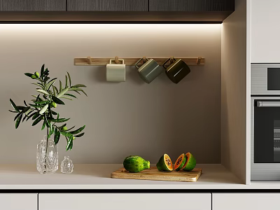 Hanging Basket Plants In Modern Kitchen With Avocado Mugs And Oven 3d model