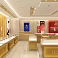 Luxurious Jewelry Store Interior With Golden Display Cases And Brand Posters