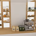 Commercial Retail Food Display Equipment With Wooden Shelves Coffee Beans Jars Fruits And Bread