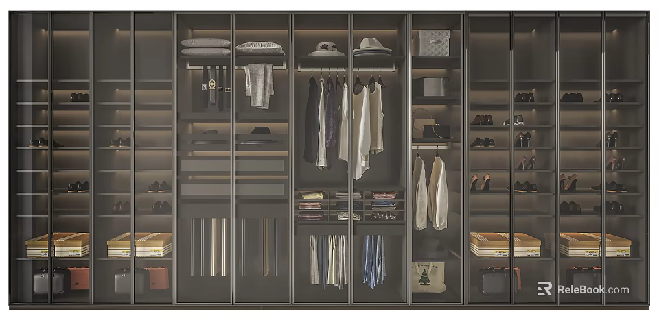 Modern Wardrobe Interior Design With Hanging Clothes Hats Shoes And Storage Compartments 3d model 