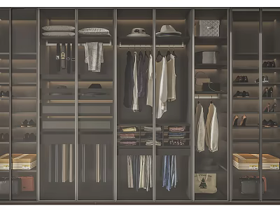 Modern Wardrobe Interior Design With Hanging Clothes Hats Shoes And Storage Compartments 3d model