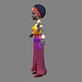 Woman In Yellow Top Red Headscarf Golden Earrings Gold Arm Cuffs Purple Skirt Arms Outstretched