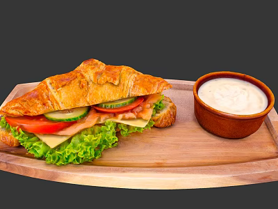 Tasty Croissant Sandwich With Lettuce Tomato Cucumber Ham And Cheese On Wooden Tray With Sauce 3d model