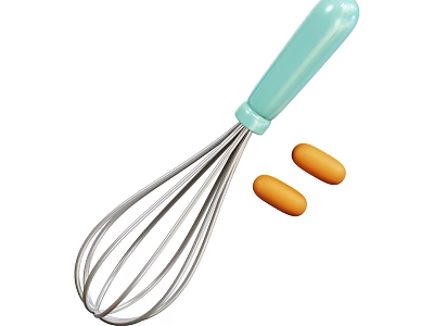 Stainless Steel Whisk with Light Blue Handle and Orange Eggs for Kitchen Use 3d model