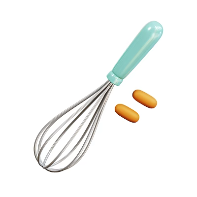 Stainless Steel Whisk with Light Blue Handle and Orange Eggs for Kitchen Use 3d model