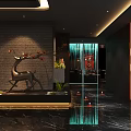 Luxury Clubhouse Entrance With Blue Ceiling Lighting Red Walls Glass Doors And Black Marble Floor