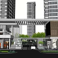 Modern High Rise Residential Landscape With Wooden Lattice Walkway Entrance Area And Greenery Pathway