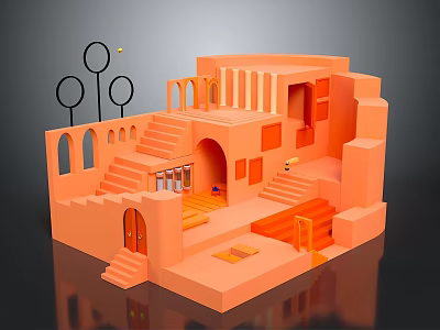 Orange Architectural Model Featuring Multiple Levels Stairs Arches Windows and Open Space 3d model