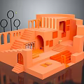 Orange Architectural Model Featuring Multiple Levels Stairs Arches Windows and Open Space 3d model