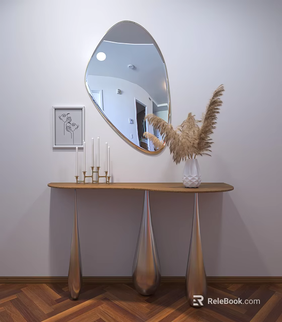 Elegant Console Table With Wooden Top Oval Mirror Pampas Grass And Metal Legs 3d model 