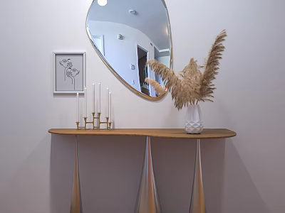 Elegant Console Table With Wooden Top Oval Mirror Pampas Grass And Metal Legs 3d model
