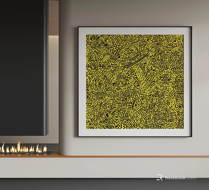 Yellow And Black Abstract Painting With Linear Patterns For Modern Interior Wall Art 3d model