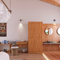 Traditional Chinese Living Room Interior With Wooden Structure Chandelier Coffee Table And Sofa