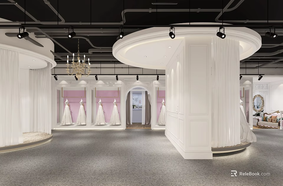 Elegant Bridal Shop Interior With Wedding Dresses White Display Stands Pink Backdrops And Chandelier 3d model 